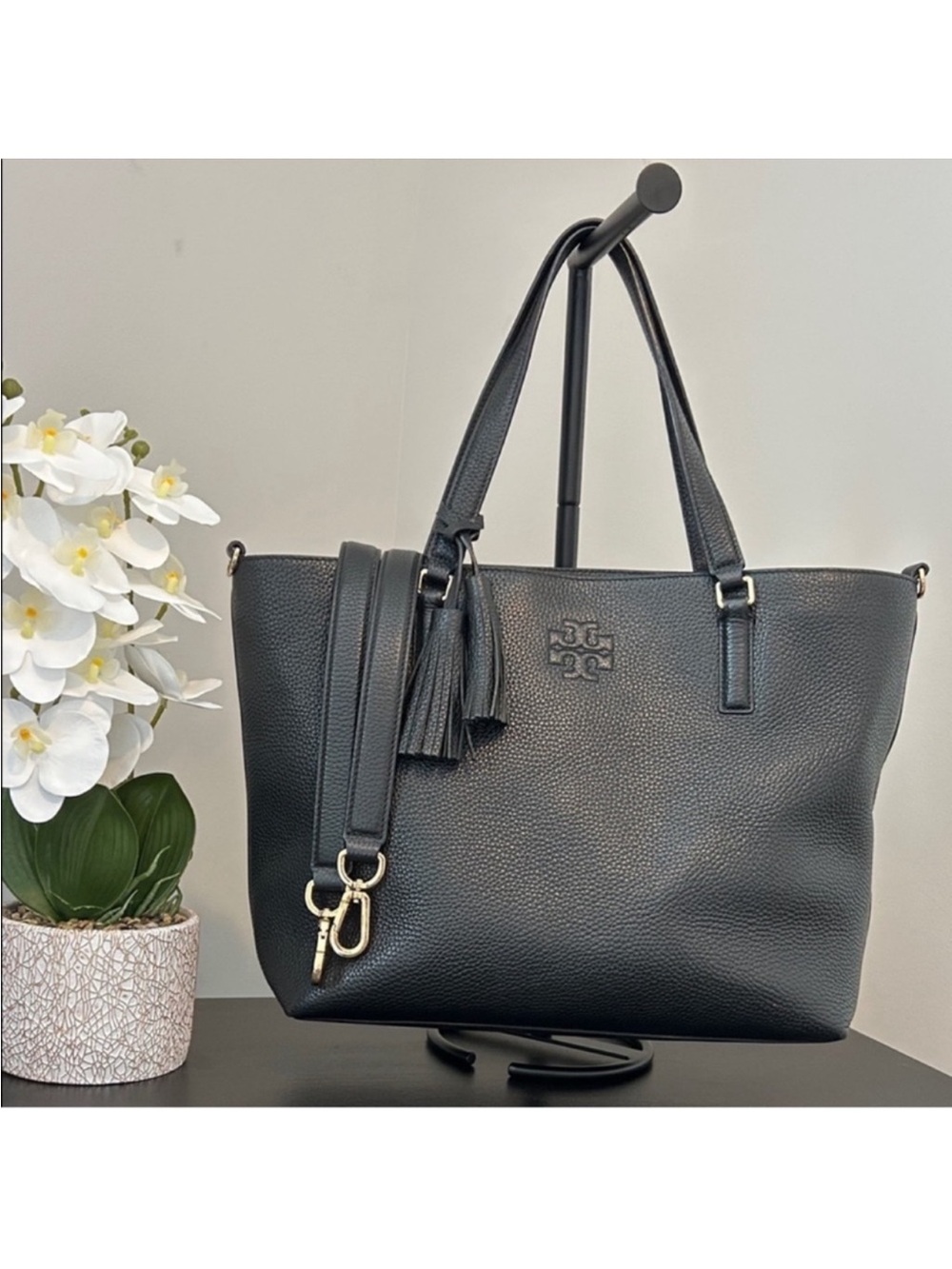 Tory Burch Black Pebbled Leather Tote with Tassel